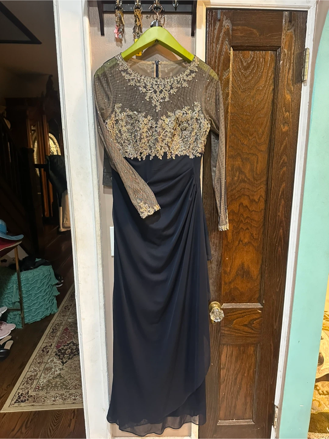 Xscape Navy Long-Sleeve Evening Gown with Gold Embroidery - photo 2