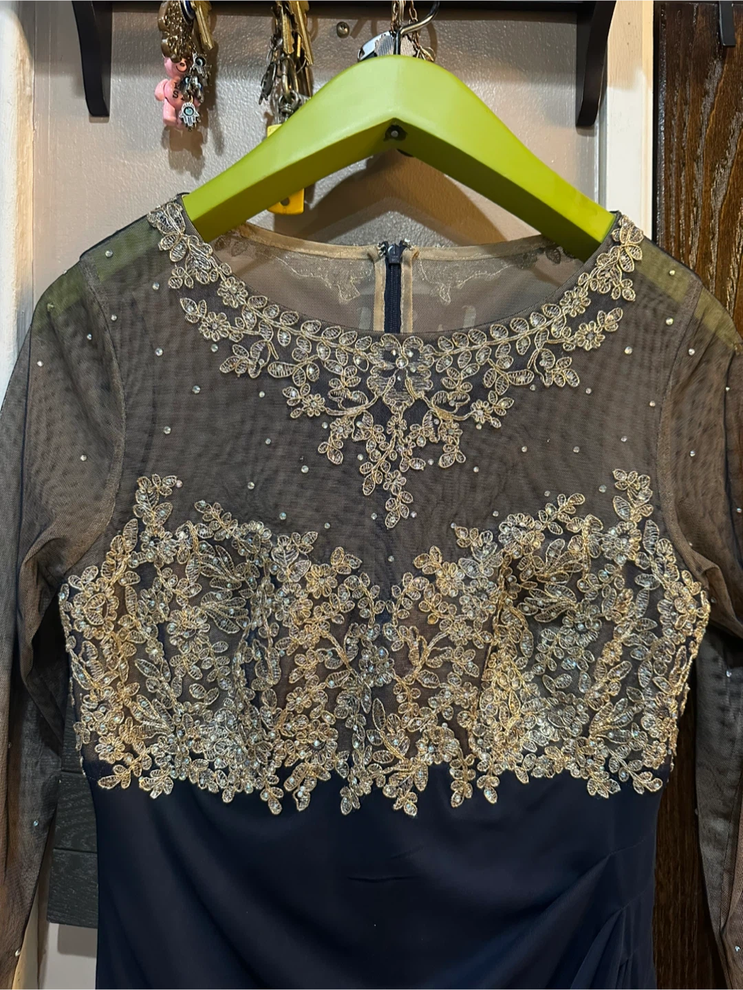 Xscape Navy Long-Sleeve Evening Gown with Gold Embroidery - photo 3