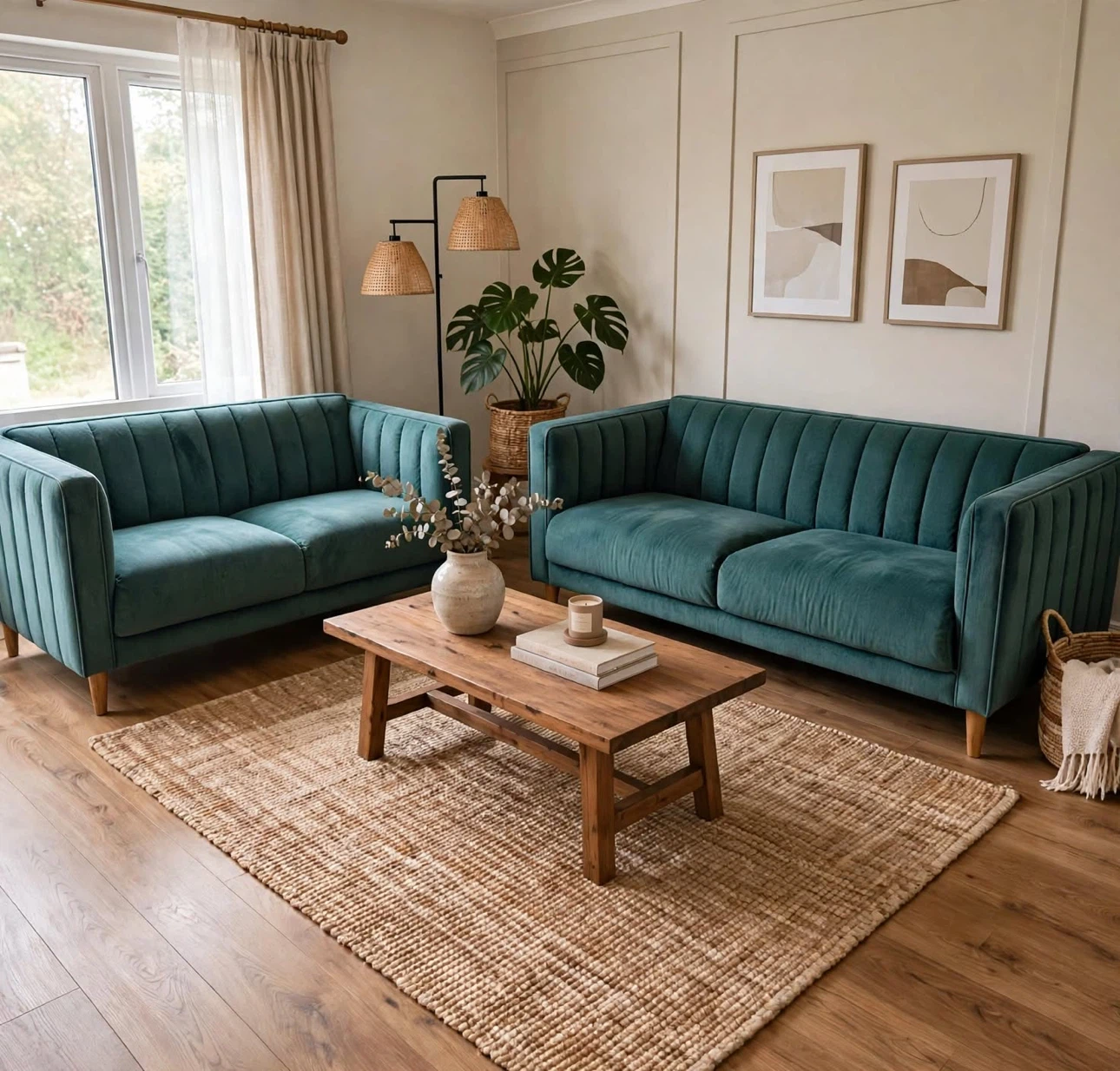 Teal Velvet Channel Tufted Sofa and Loveseat Set