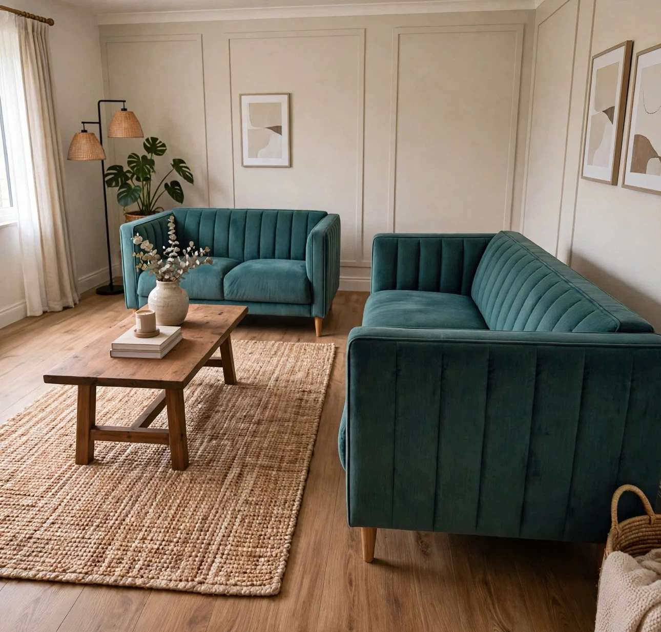 Teal Velvet Channel Tufted Sofa and Loveseat Set - photo 2