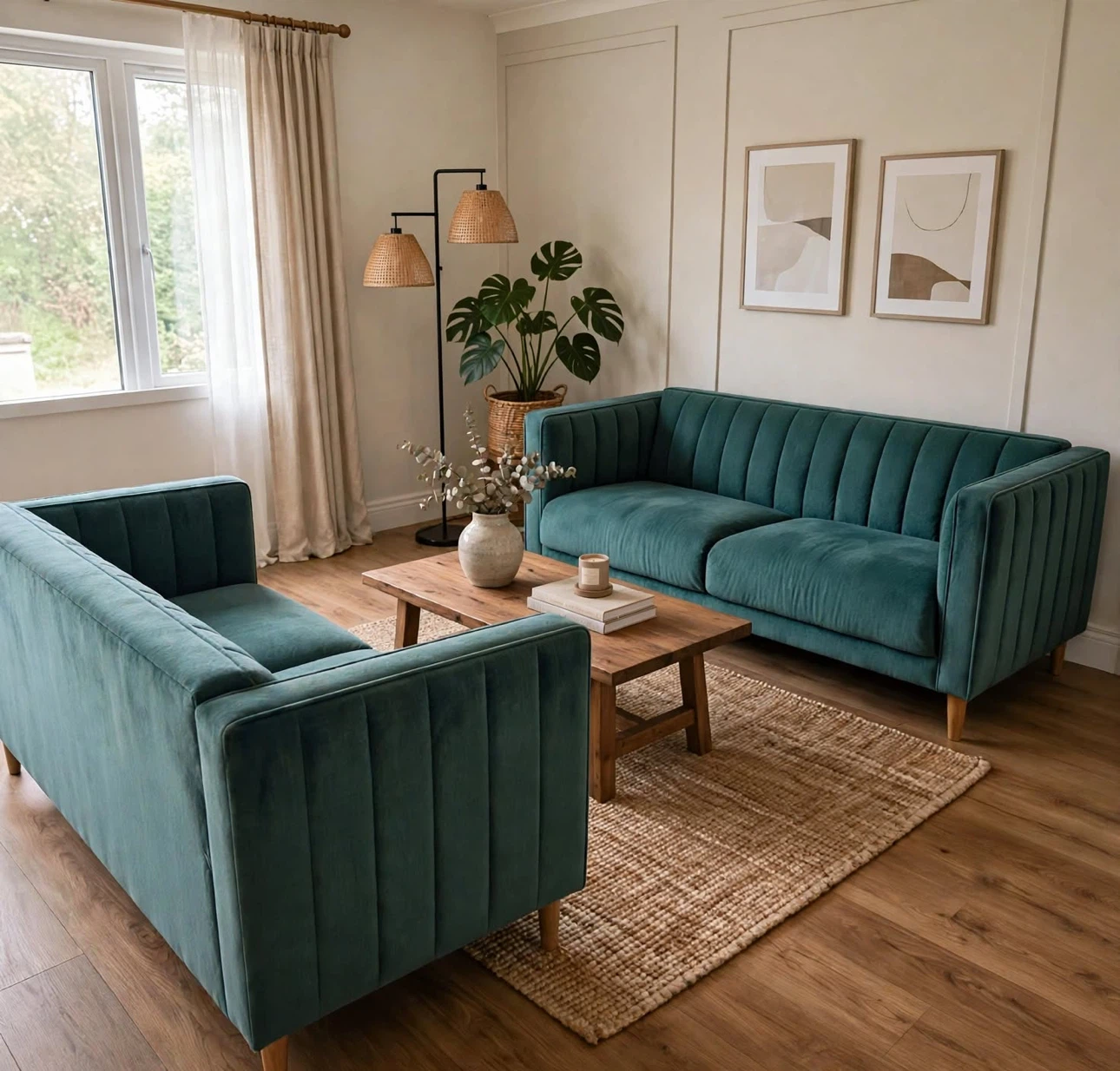 Teal Velvet Channel Tufted Sofa and Loveseat Set - photo 3
