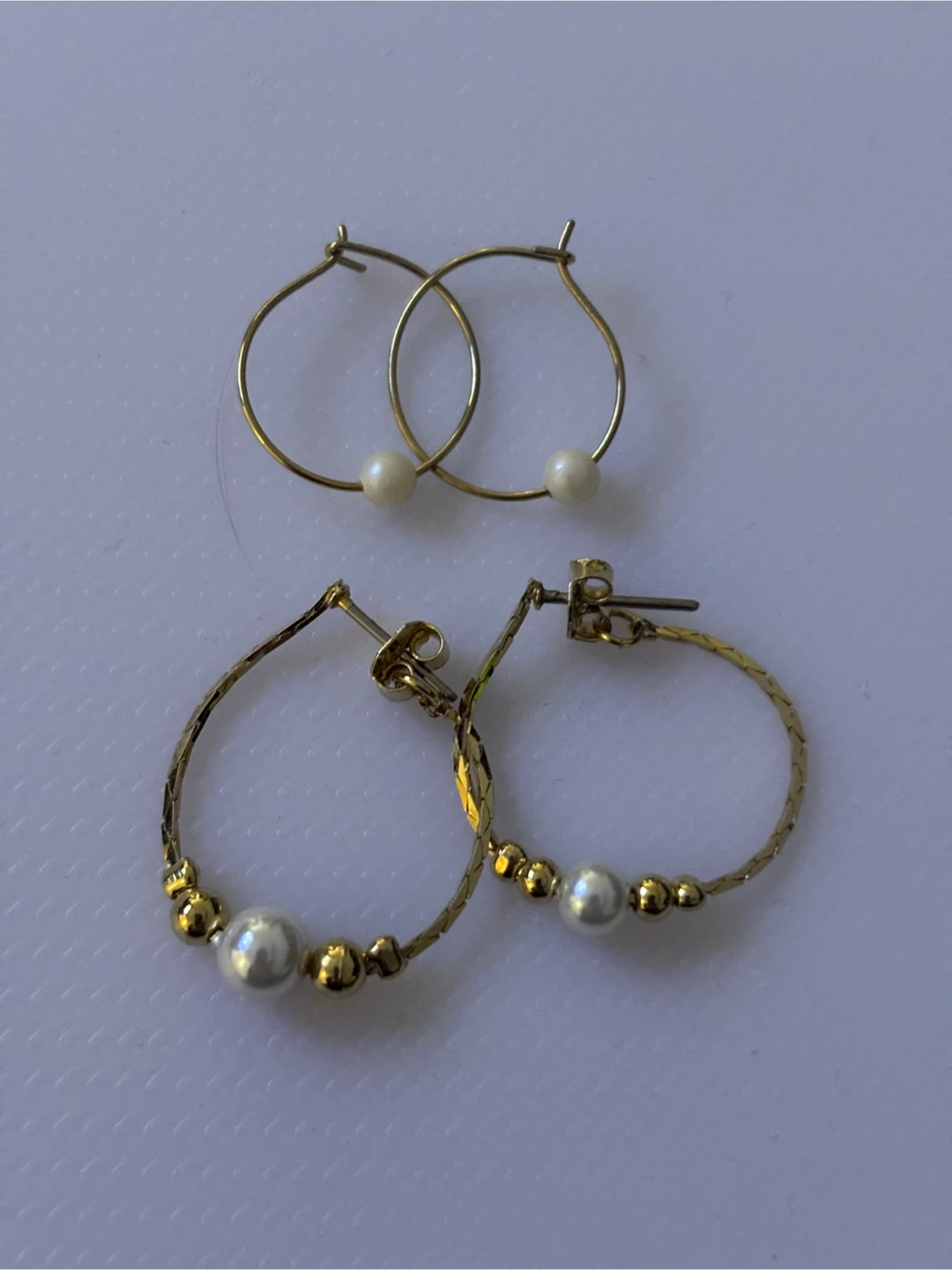 Two Pairs of Gold Tone Hoop Earrings with Pearls