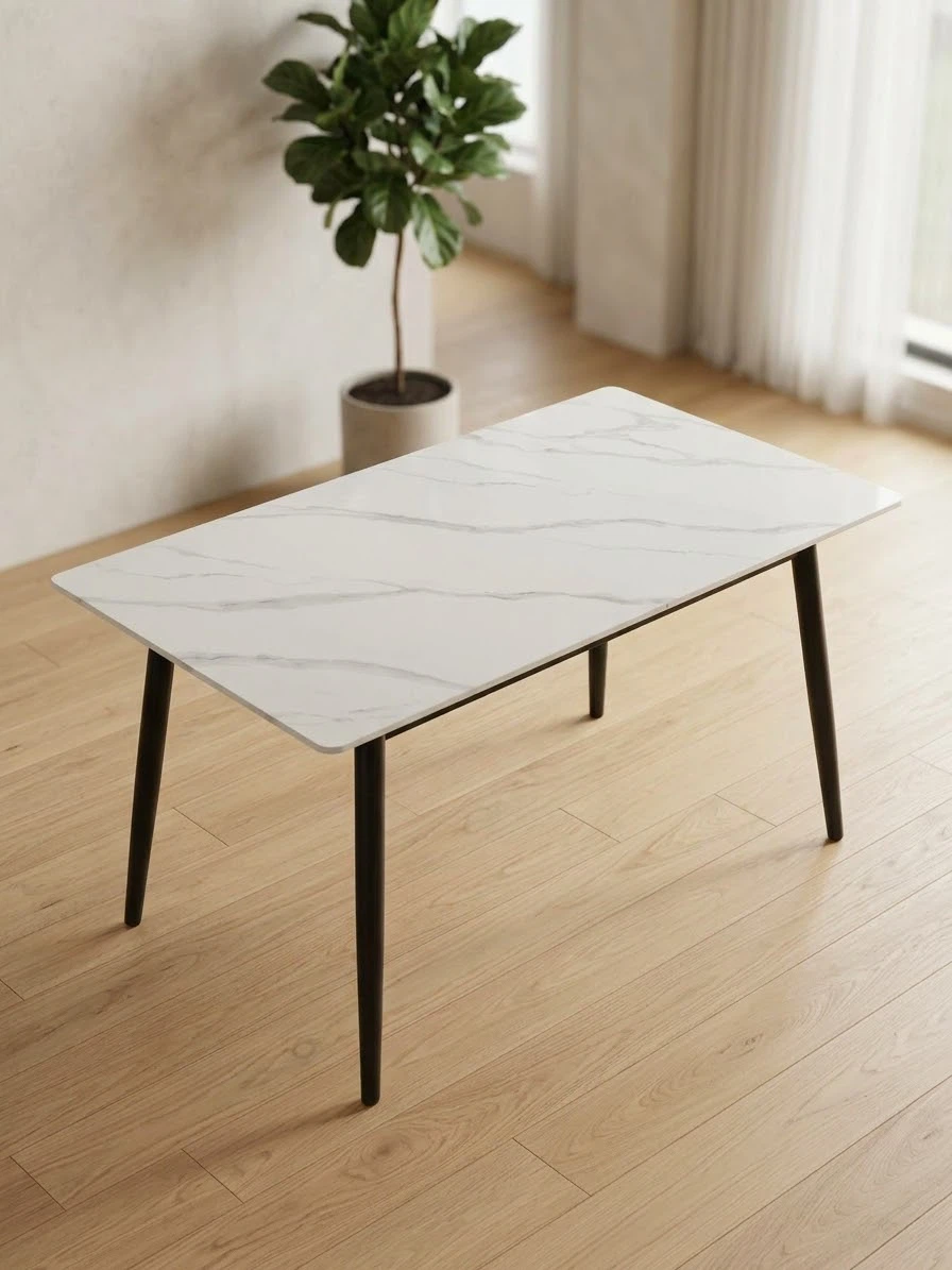 White Marble-Look Dining Table with Black Legs