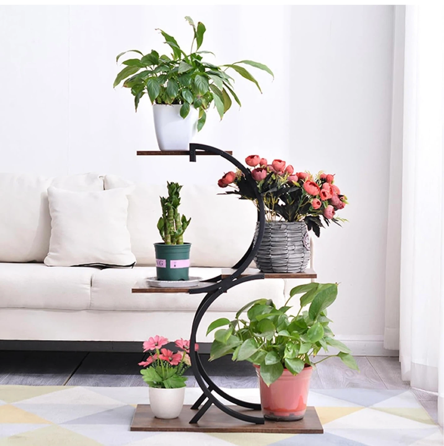 4-Tier Curved Metal and Wood Plant Stand - photo 4