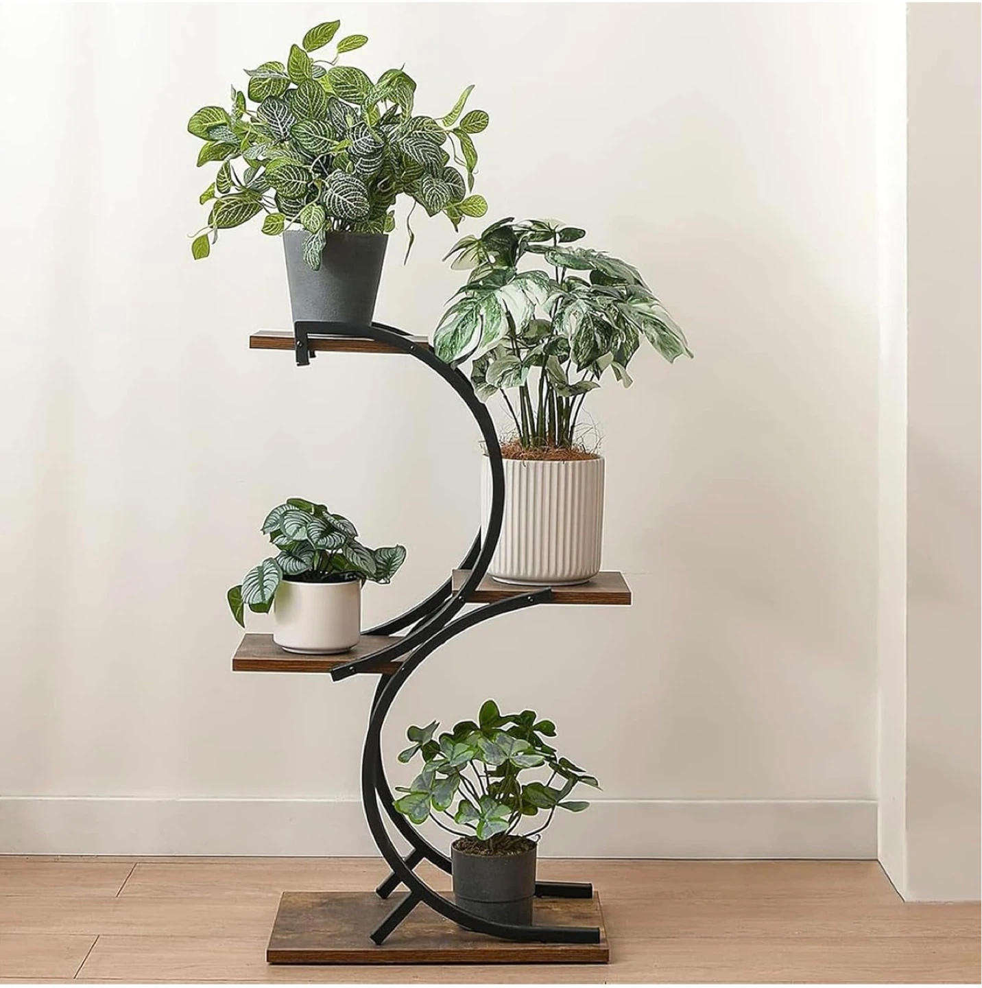 4-Tier Curved Metal and Wood Plant Stand