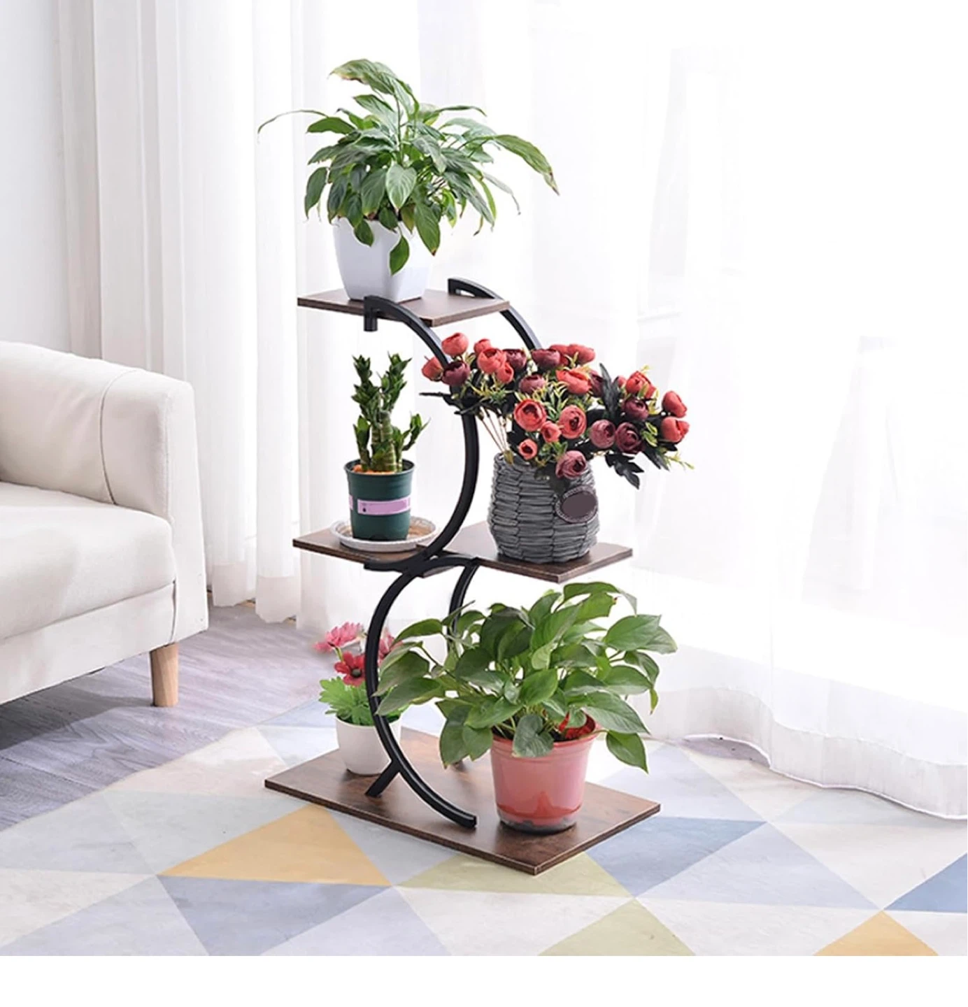 4-Tier Curved Metal and Wood Plant Stand - photo 5
