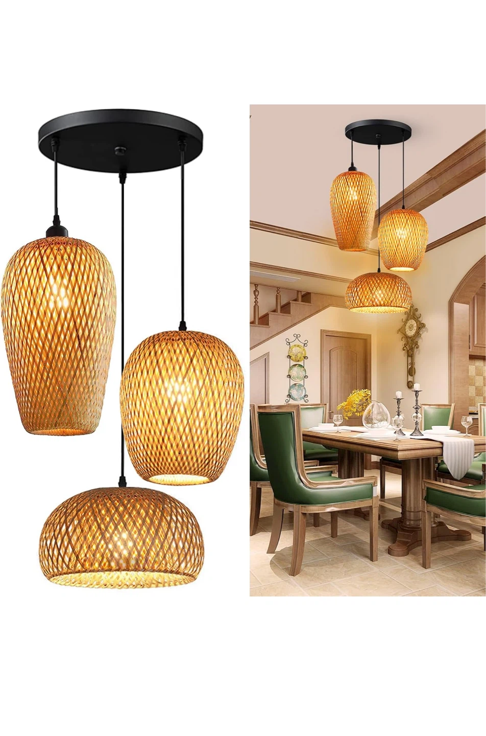 3-Light Bamboo Woven Pendant Light Set - photo 5