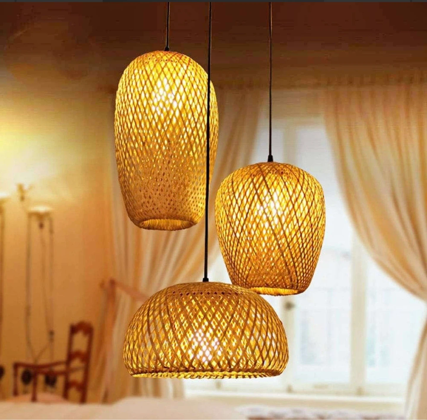 3-Light Bamboo Woven Pendant Light Set