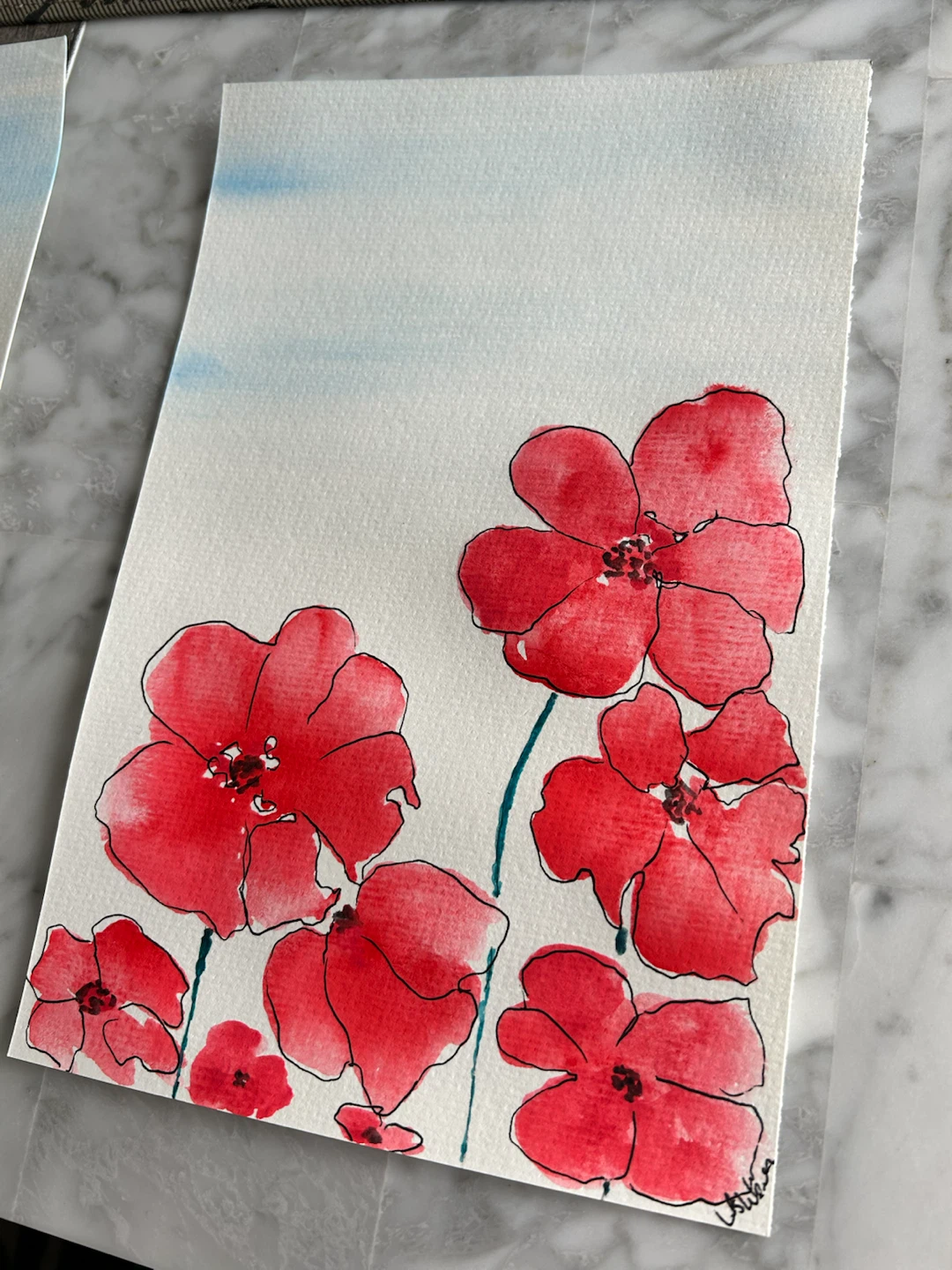 Red Poppy Watercolor Painting 6x9 Original - photo 2