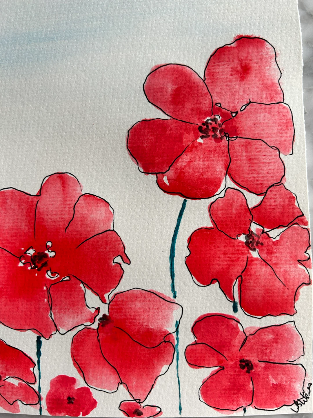 Red Poppy Watercolor Painting 6x9 Original - photo 3