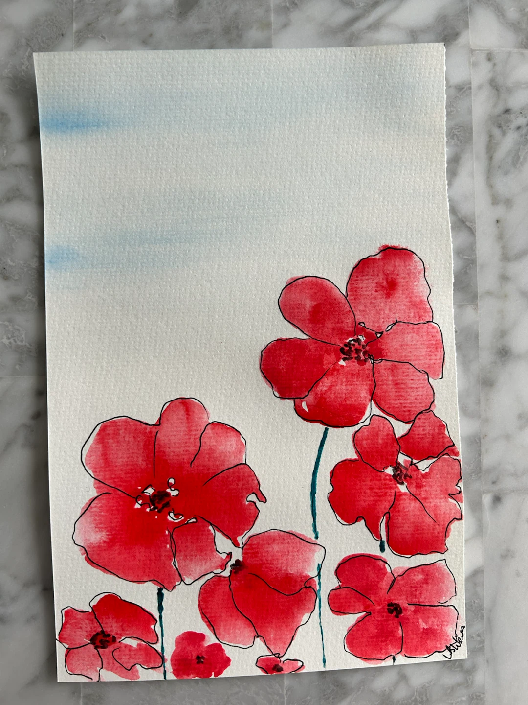 Red Poppy Watercolor Painting 6x9 Original - photo 4