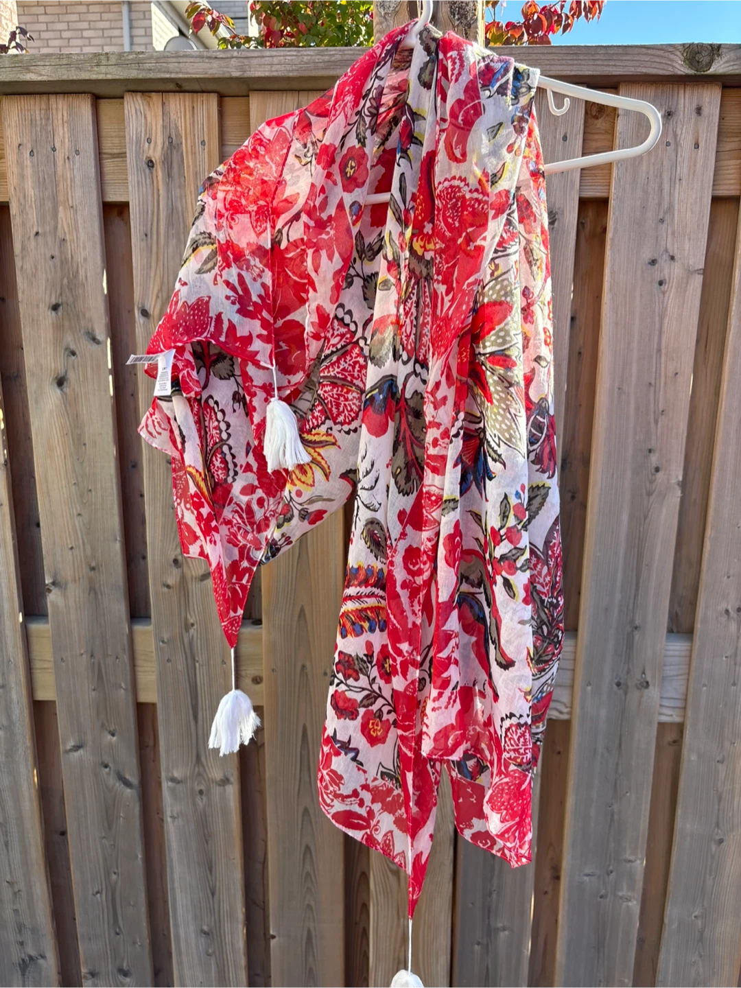 Red Floral Print Scarf with Tassels - photo 5