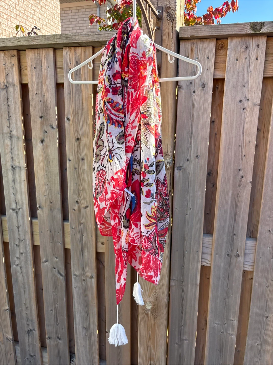 Red Floral Print Scarf with Tassels - photo 3