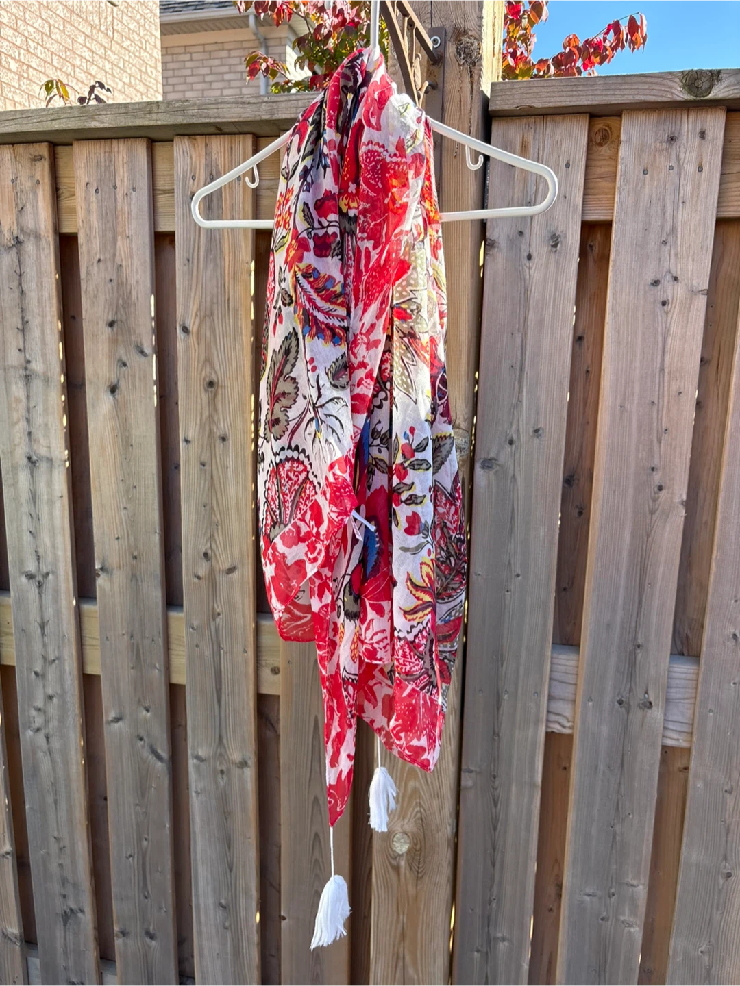 Red Floral Print Scarf with Tassels