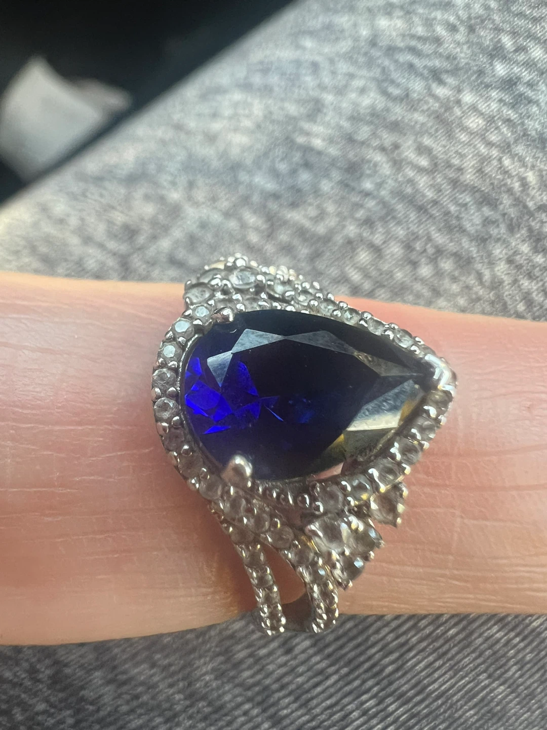 925 Sterling Silver Pear Cut Blue Stone Ring