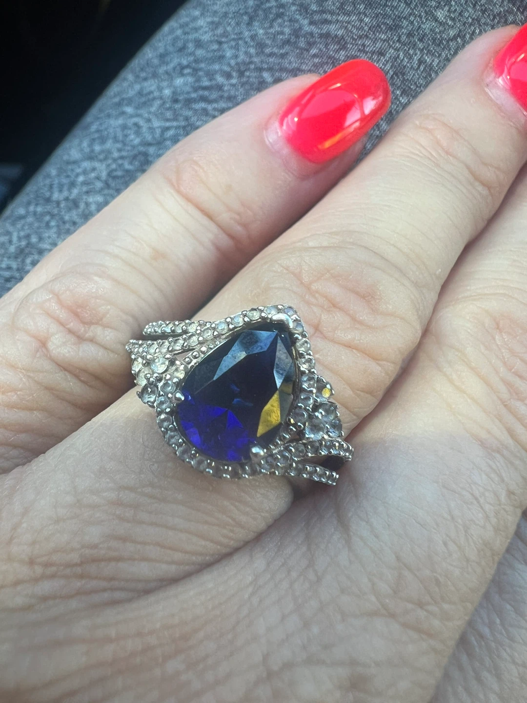 925 Sterling Silver Pear Cut Blue Stone Ring - photo 3