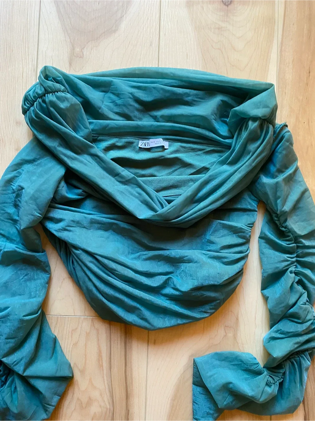 Zara Teal Off-Shoulder Ruched Long Sleeve Top - photo 3