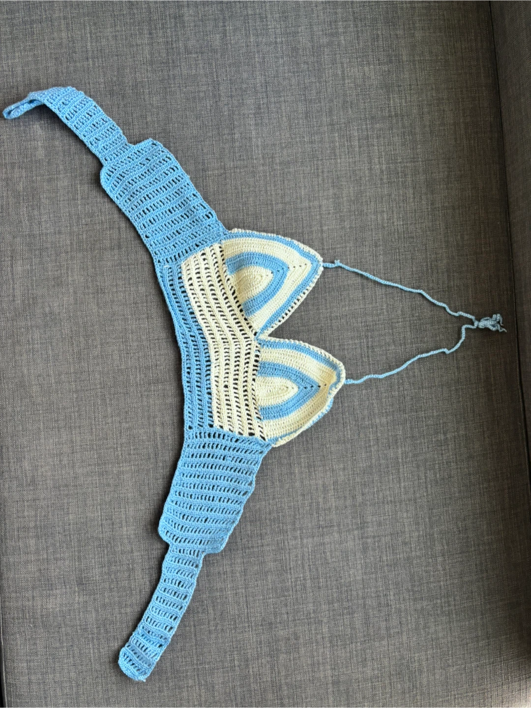 Hand-crocheted blue and white halter top