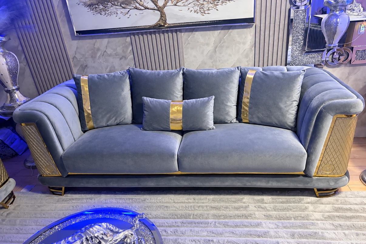 Modern Grey Velvet Sofa with Gold Accents