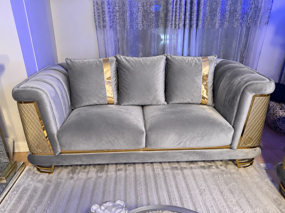 Modern Grey Velvet Sofa with Gold Accents - photo 2