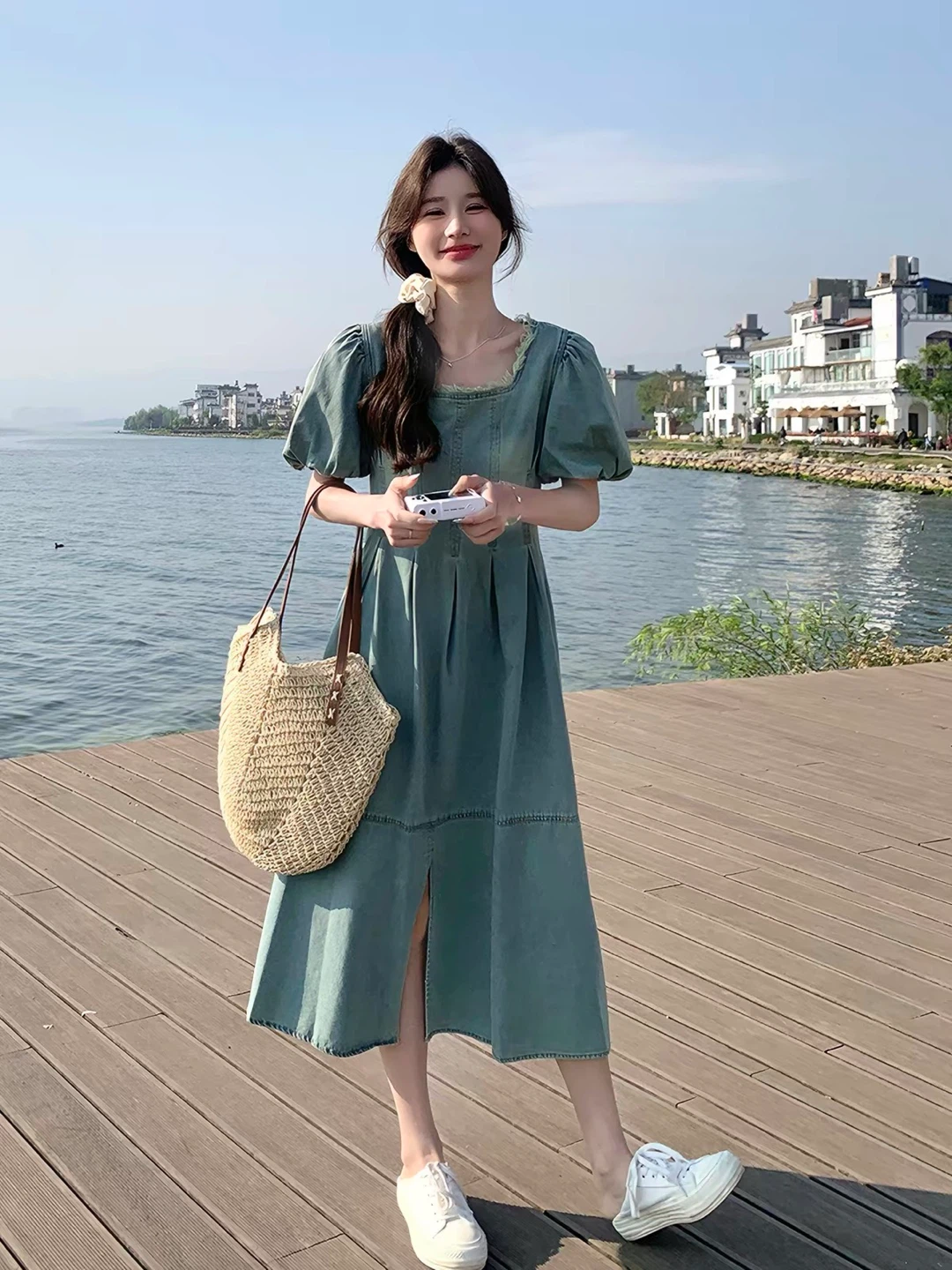 European mid century dress light wash denim dress - photo 3