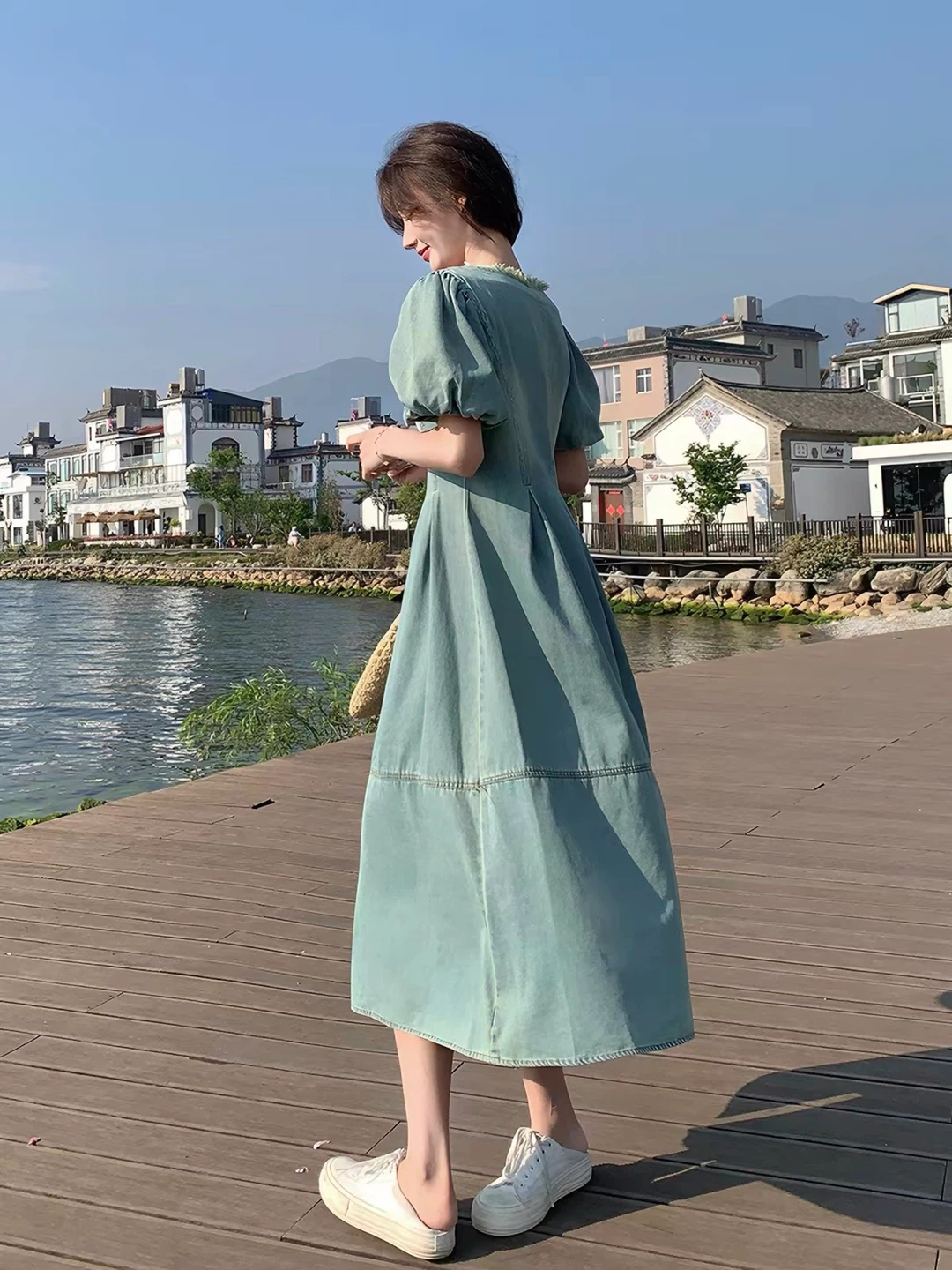 European mid century dress light wash denim dress - photo 4