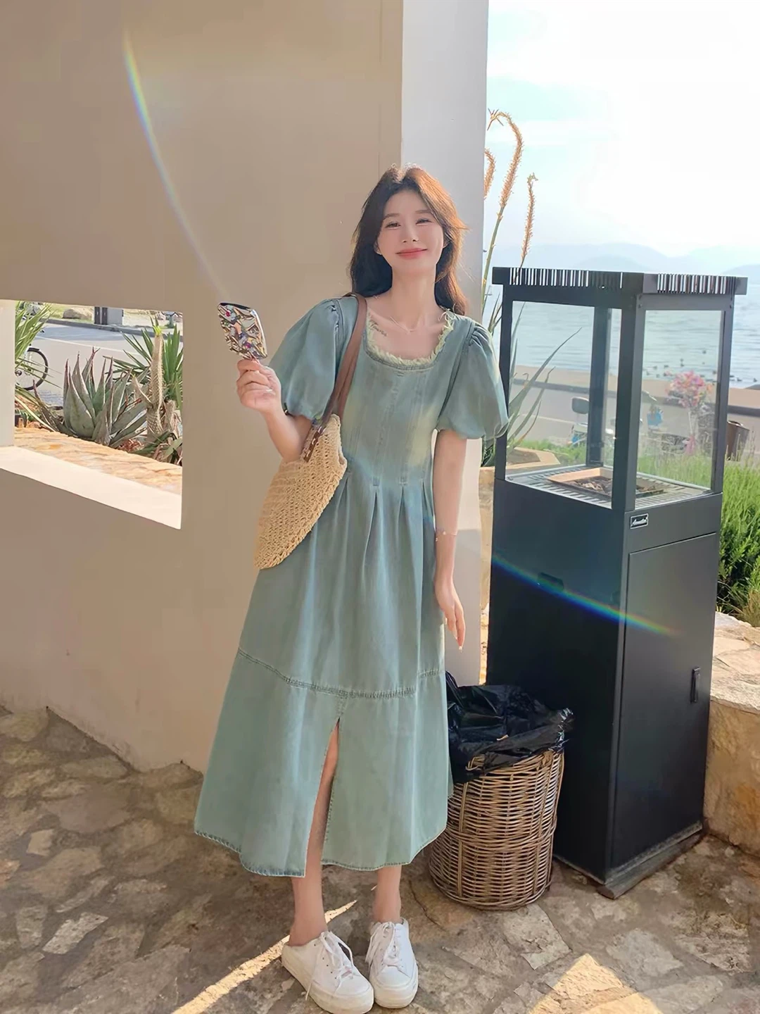 European mid century dress light wash denim dress