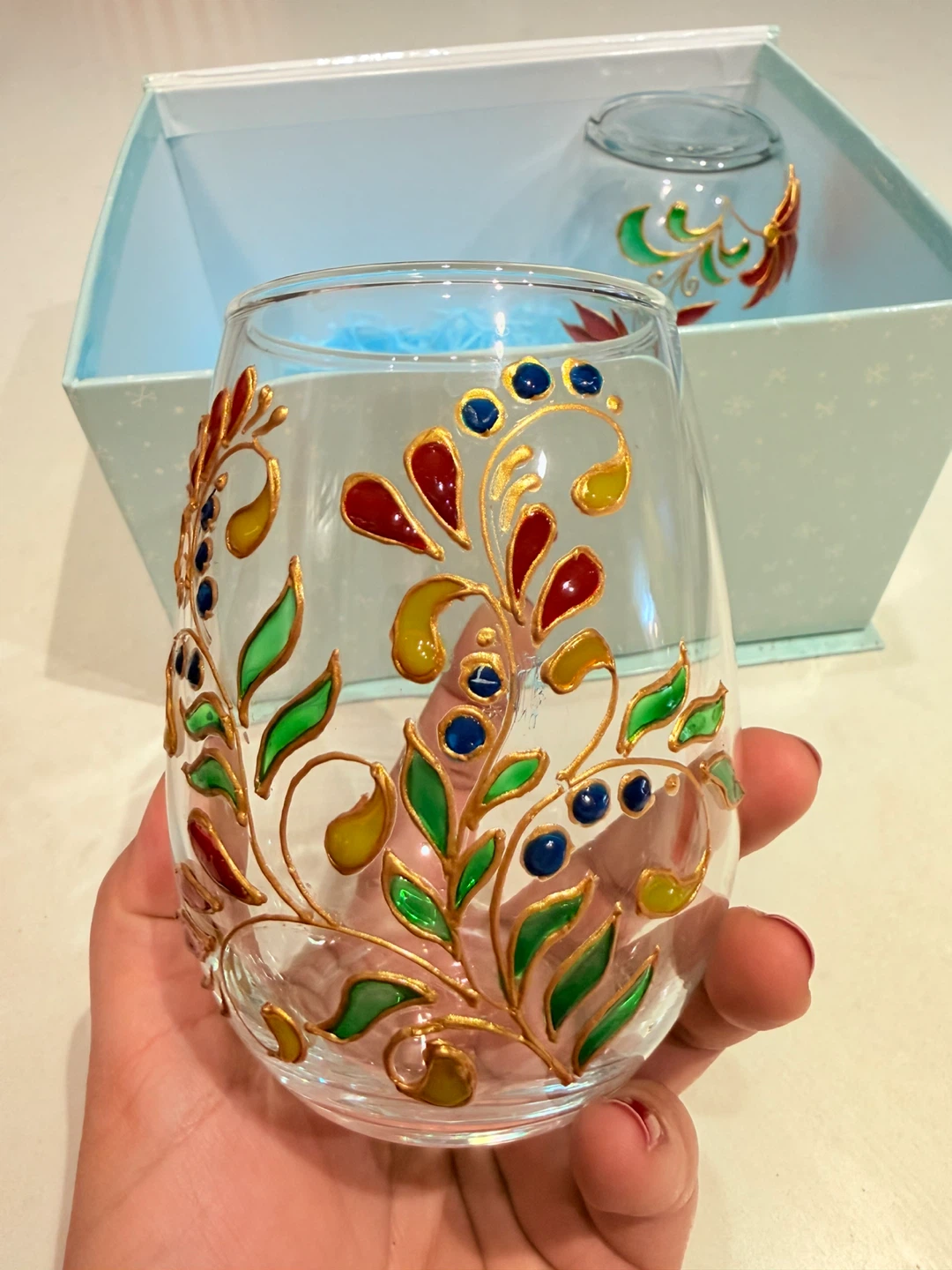 Set of 3 hand-painted Christmas stemless wine glasses