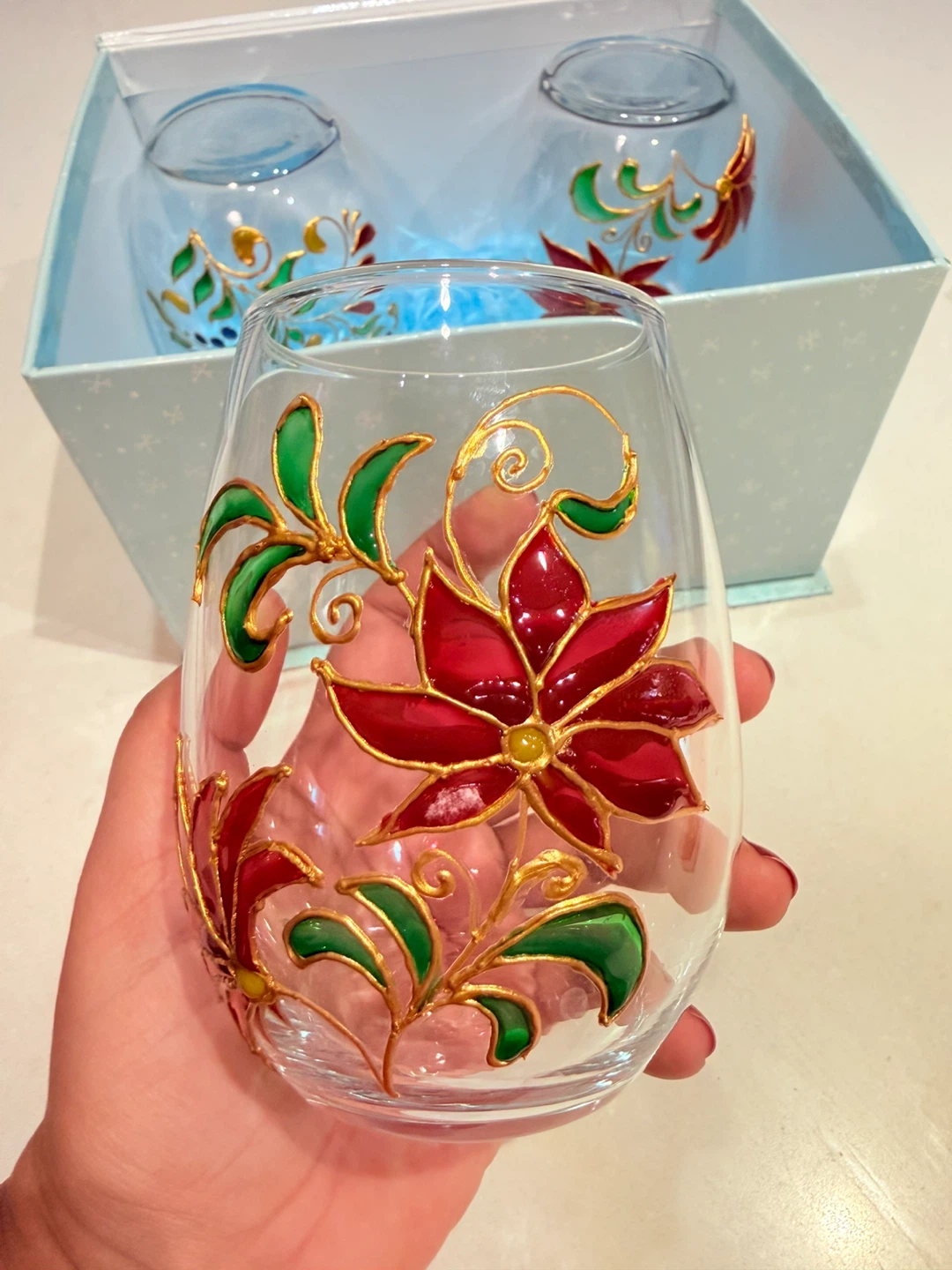 Set of 3 hand-painted Christmas stemless wine glasses - photo 3