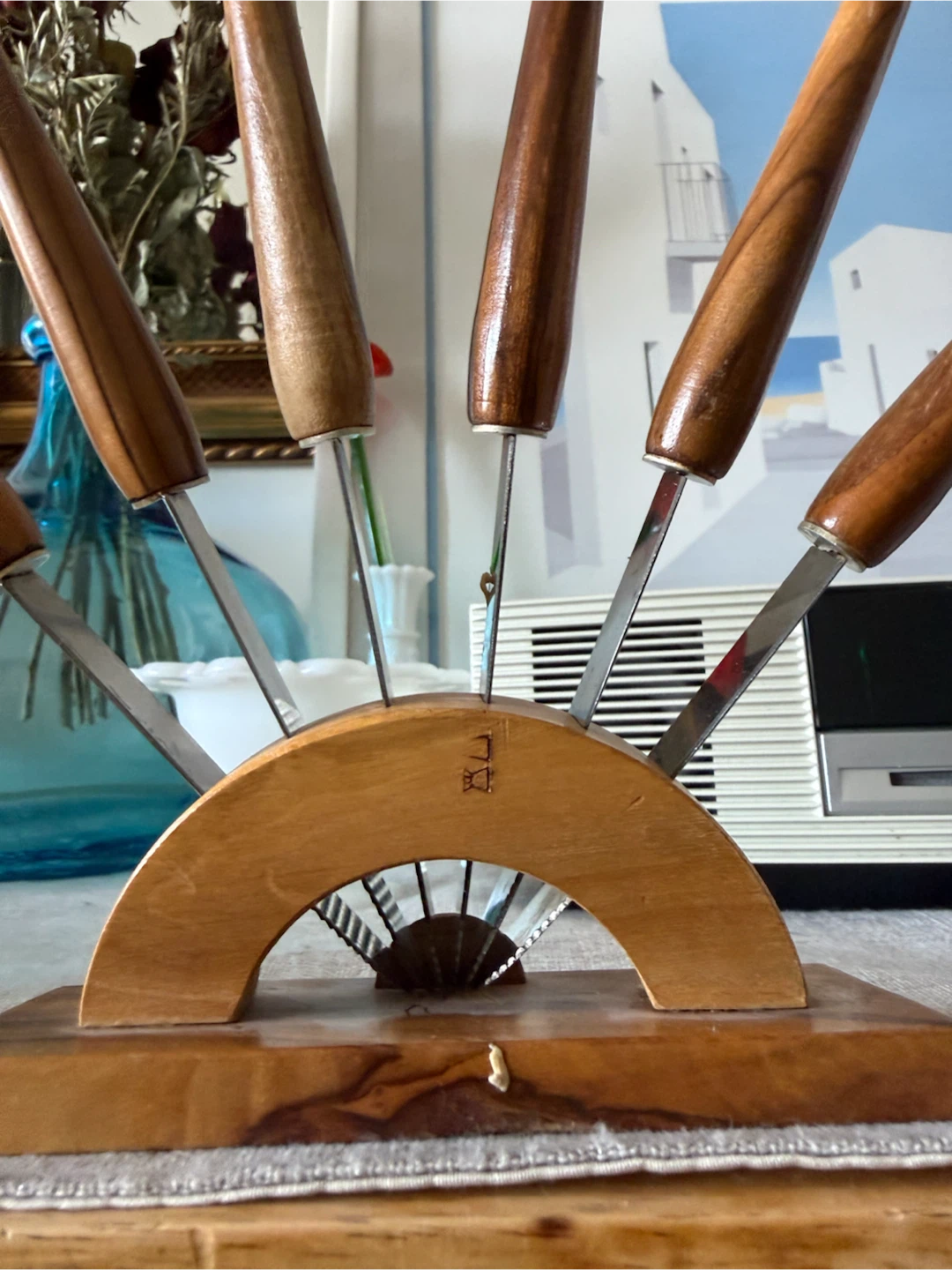 Vintage teak cheese knife set with stand
