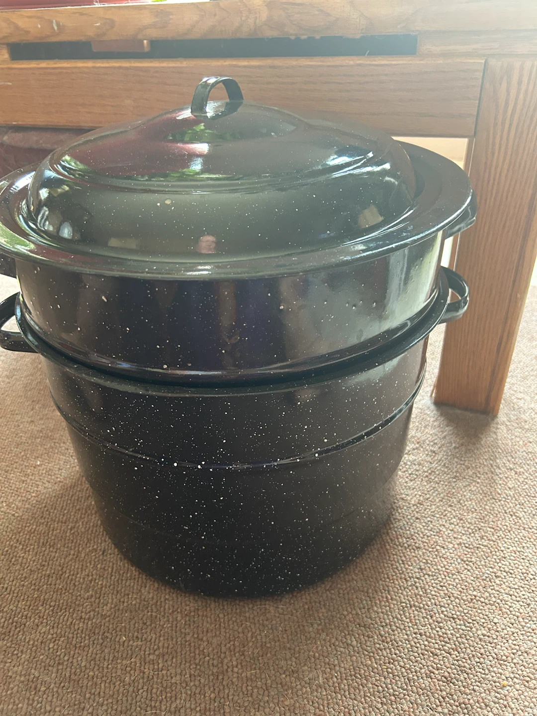 2 Large Black Speckled Enamel Stock Pots