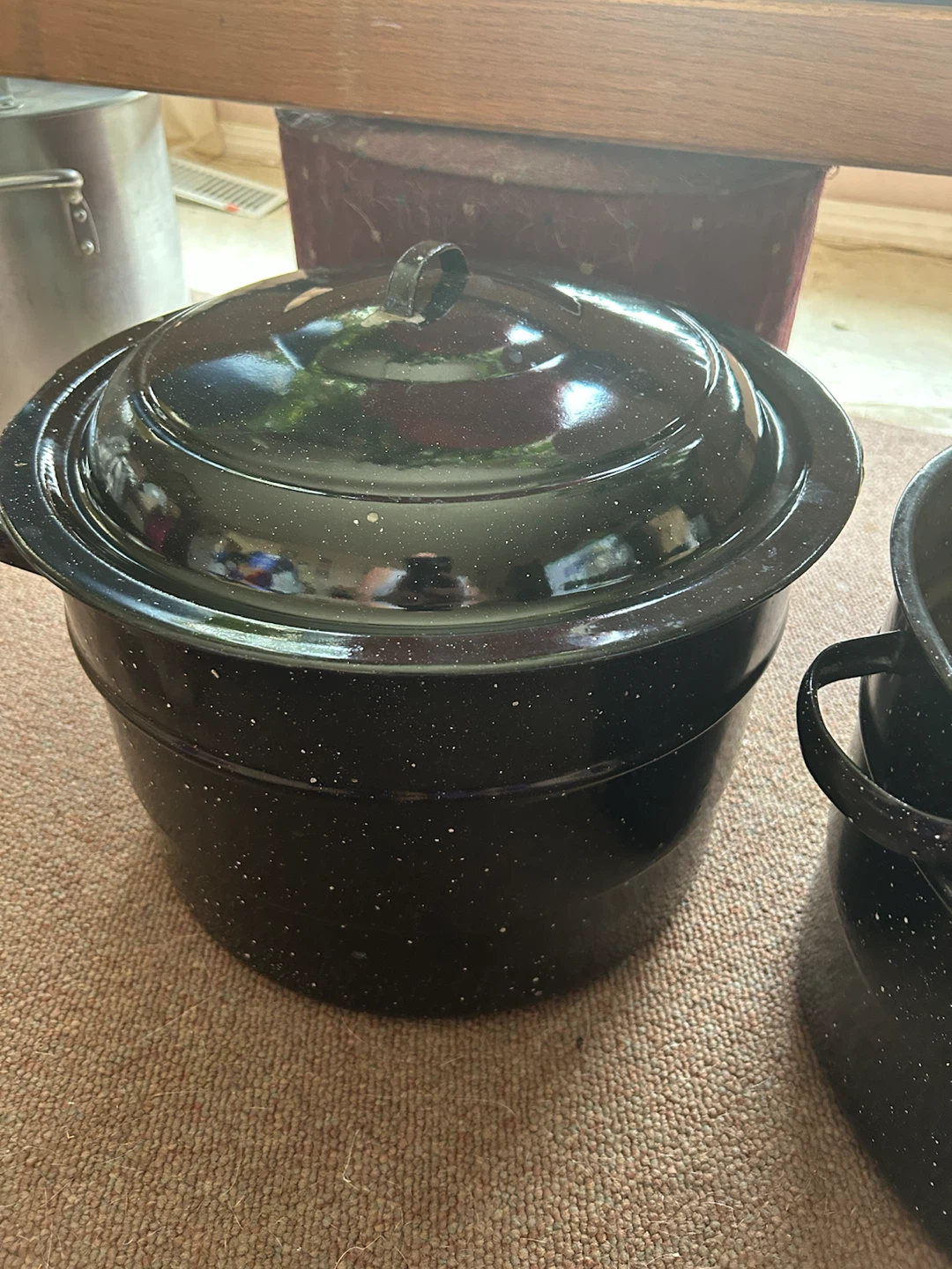 2 Large Black Speckled Enamel Stock Pots - photo 2