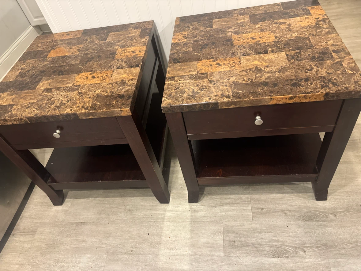 Set of Two Faux Marble Top wood End Tables