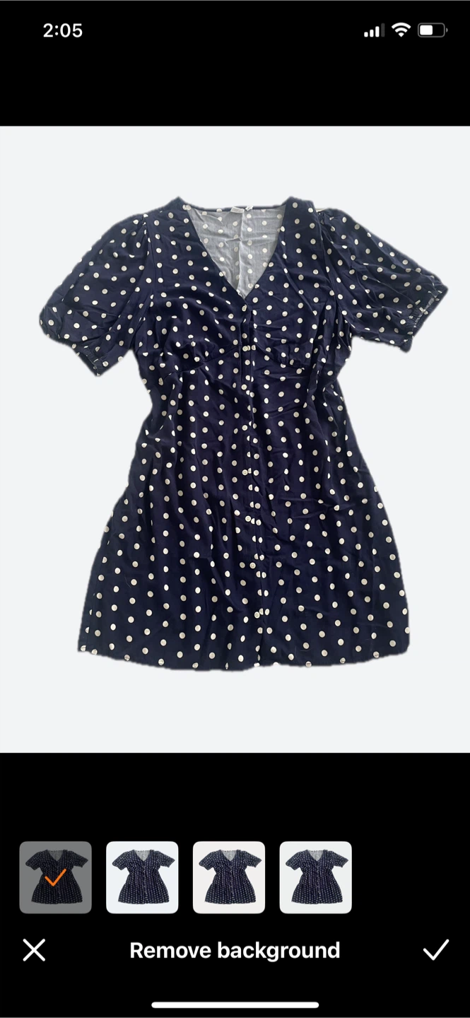 Navy blue polka dot button-down dress No pockets