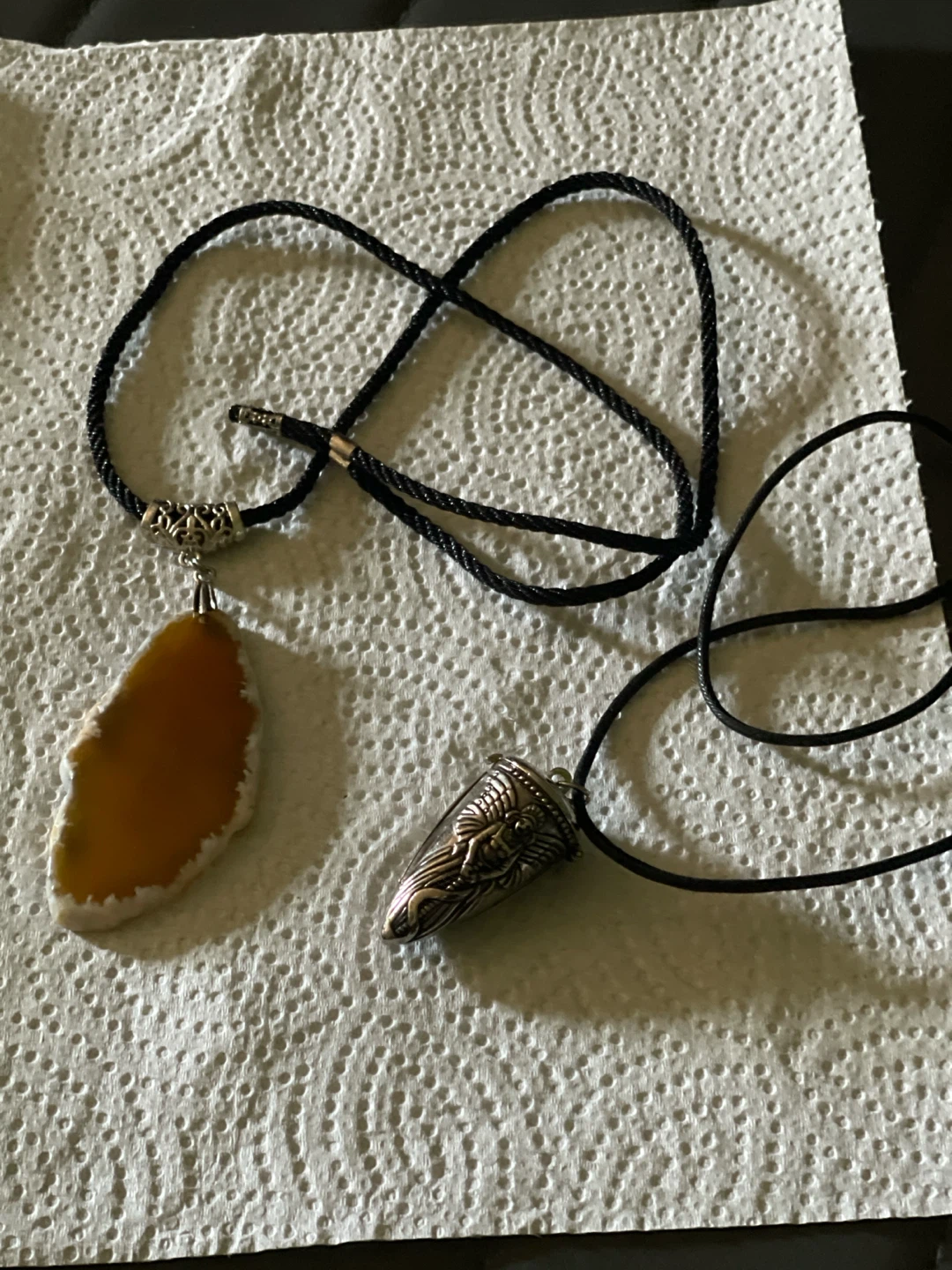 Two Pendant Necklaces with Agate and Metal Charms