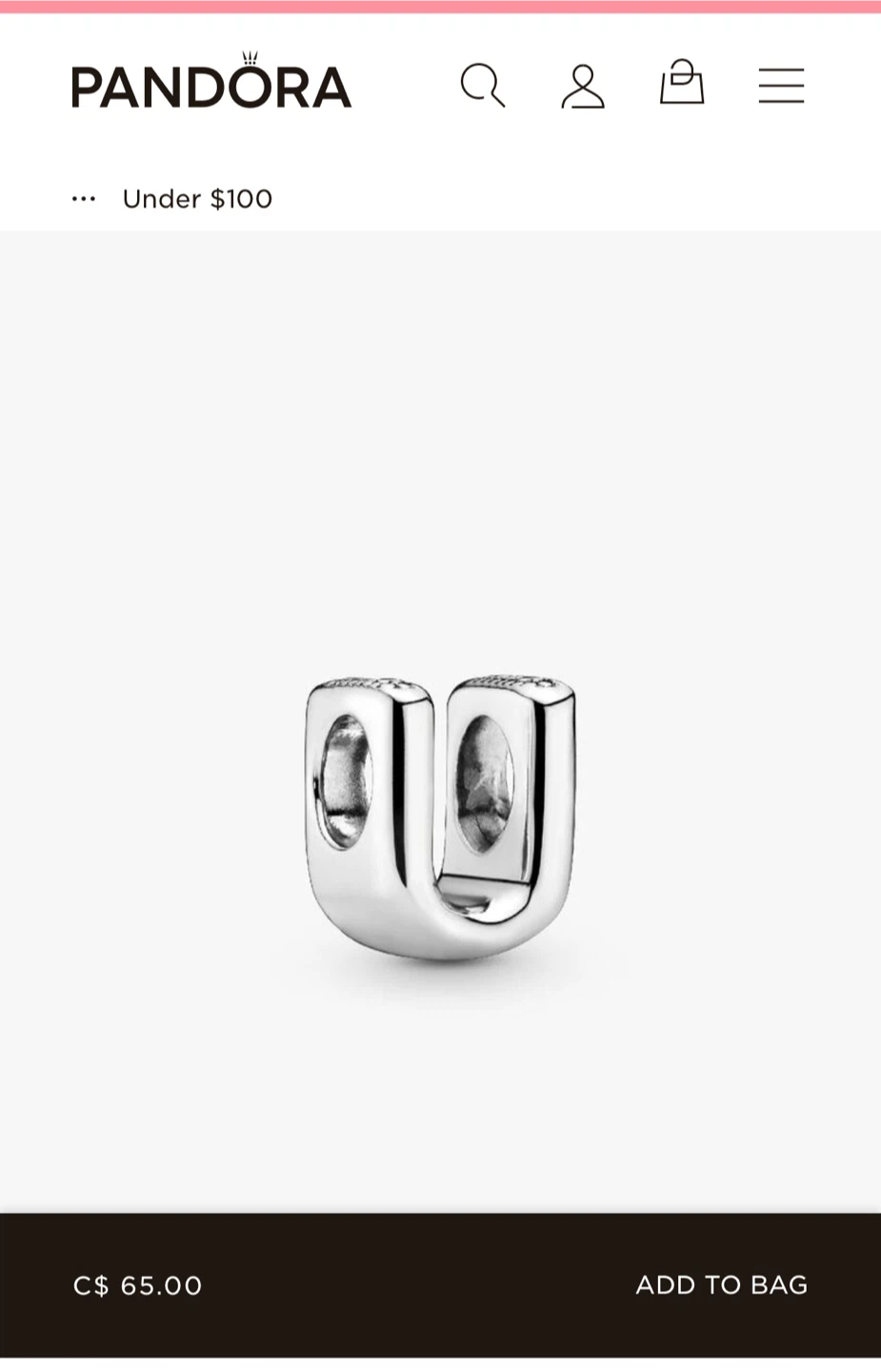Pandora Sterling Silver Letter U Charm - photo 2