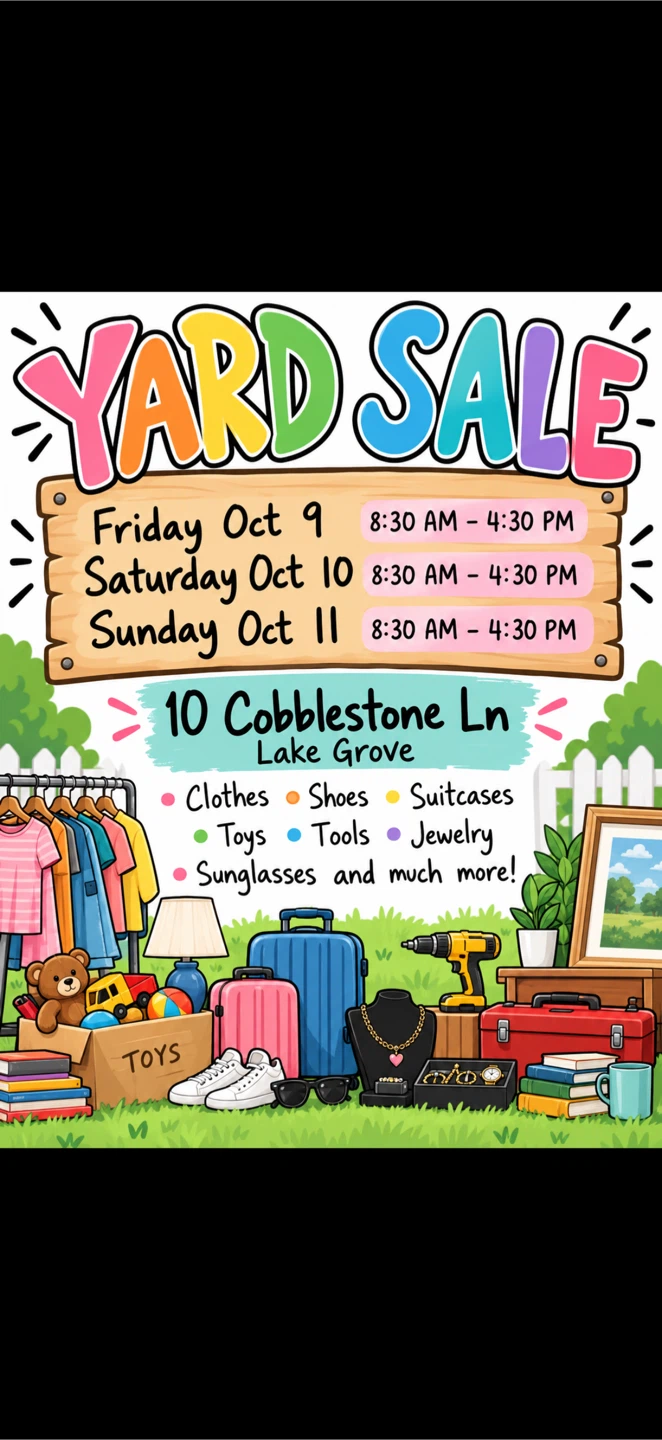 Yard sale Oct Fri 9  Sat10 Sun 11       830am to 430 pm