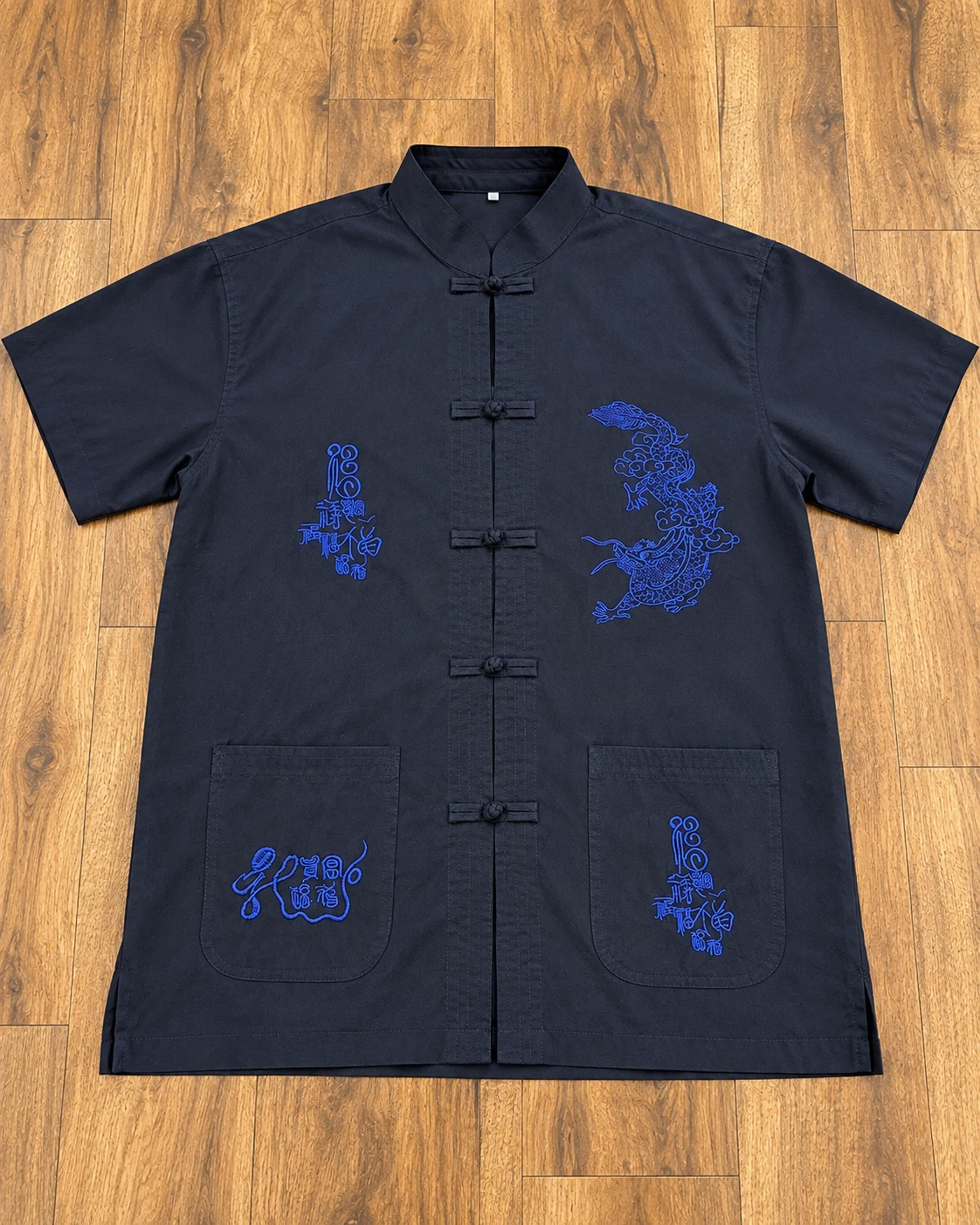 Traditional Vietnamese Embroidered Dragon Shirt Navy Blue