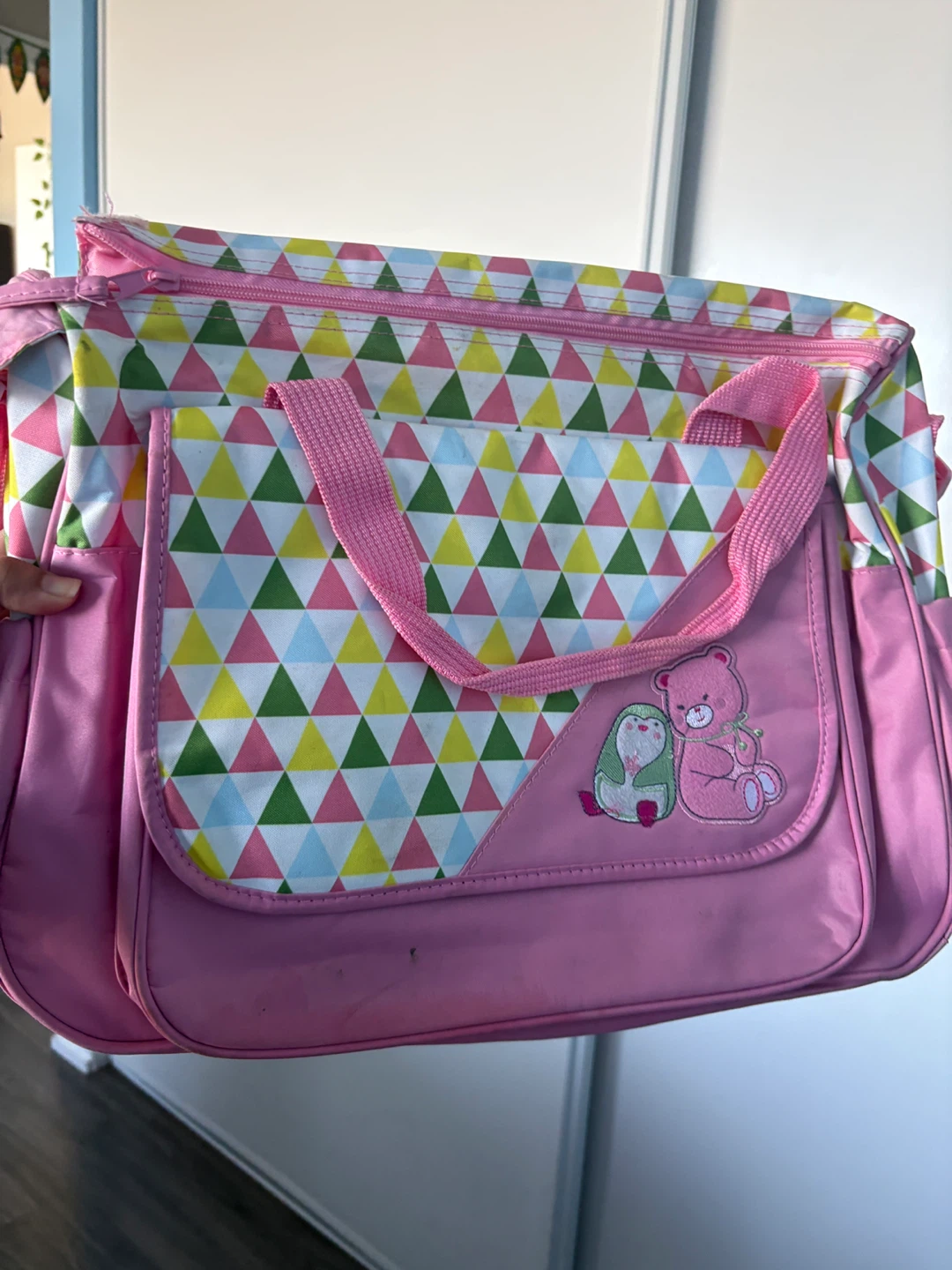 Pink patterned diaper bag