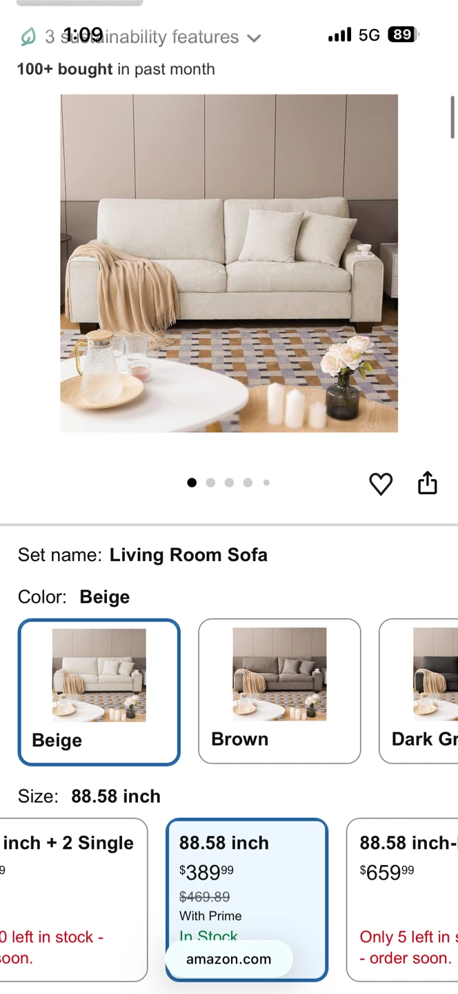 Beige Living Room Sofa 88.58 inch