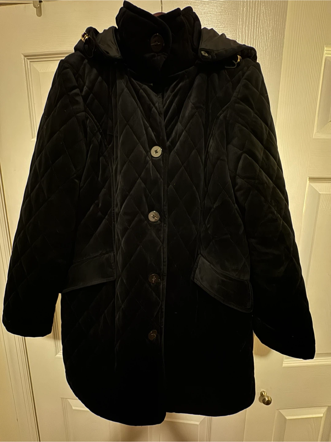 Ellen Tracy Quilted Velvet Hooded Coat Black Jacket