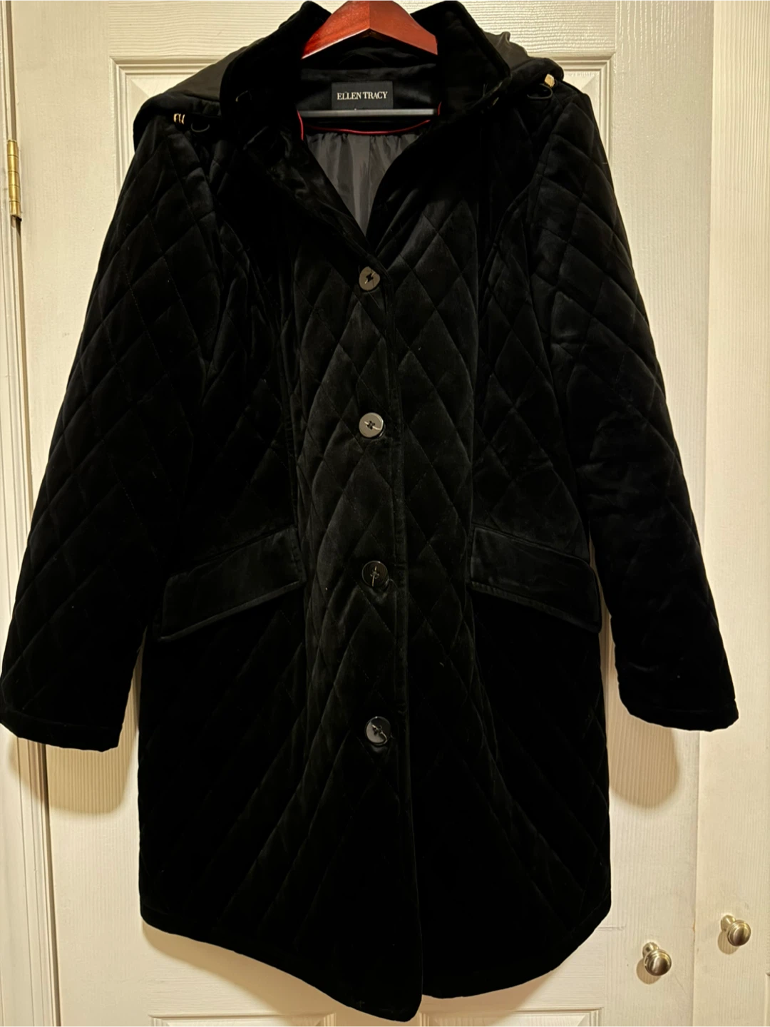 Ellen Tracy Quilted Velvet Hooded Coat Black Jacket - photo 4