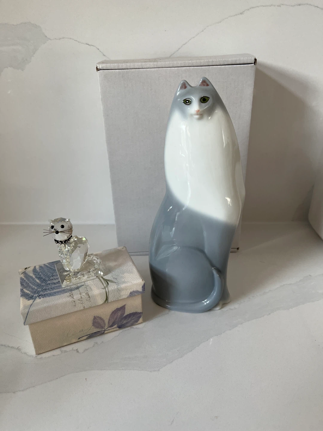 Swarovski Crystal Cat and Porcelain Cat Figurine Set