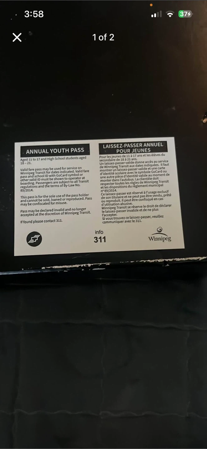 Winnipeg Transit Annual Youth Pass 26/27