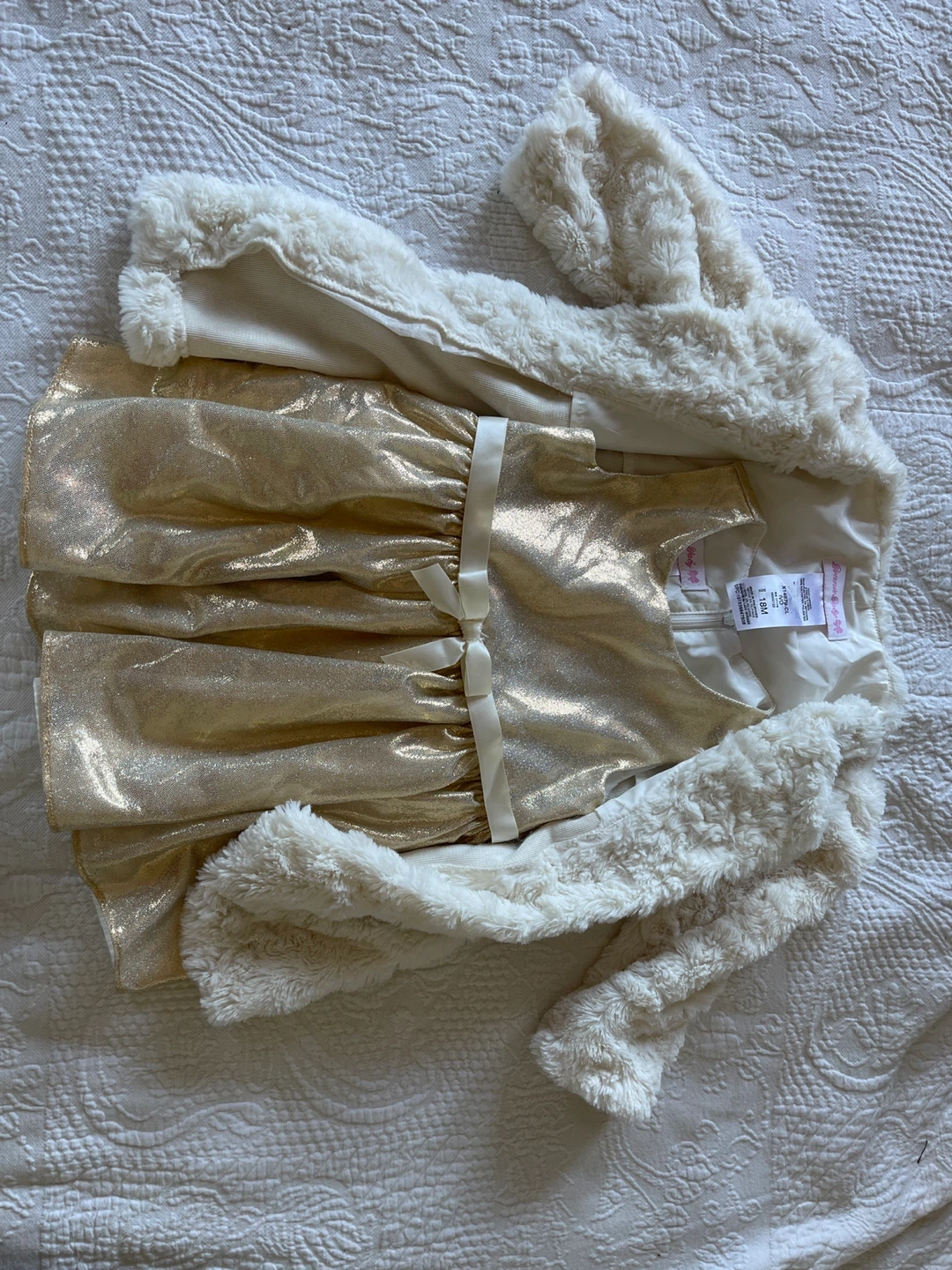 Bonnie Jean Baby Gold Dress and Fur Shrug Set