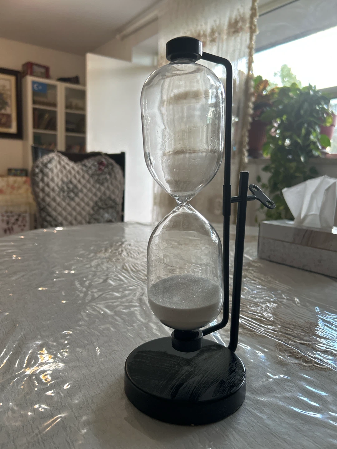 Decorative Glass Hourglass with Black Metal Stand