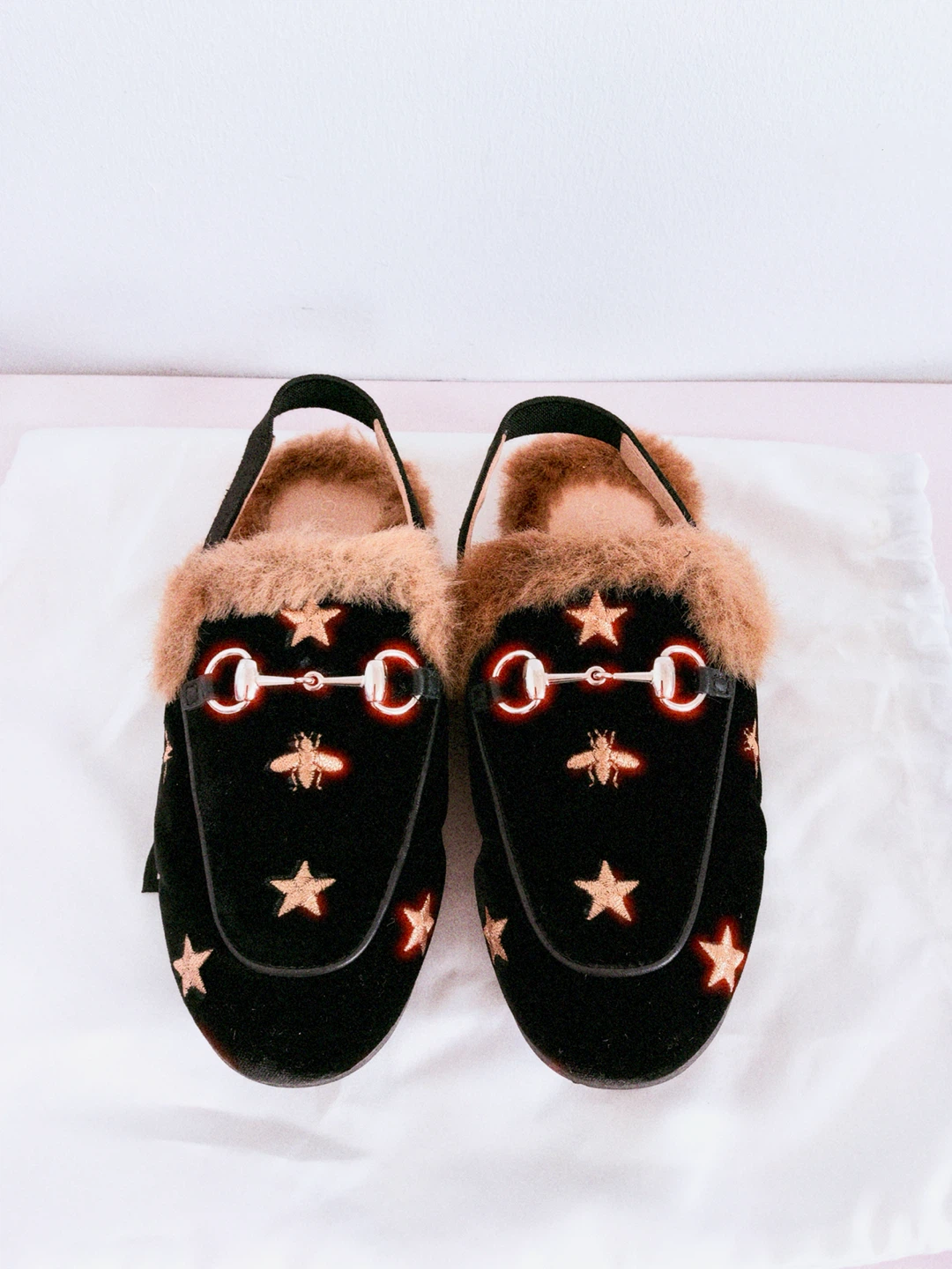 Gucci Kids Princetown Velvet Bee & Star Mules