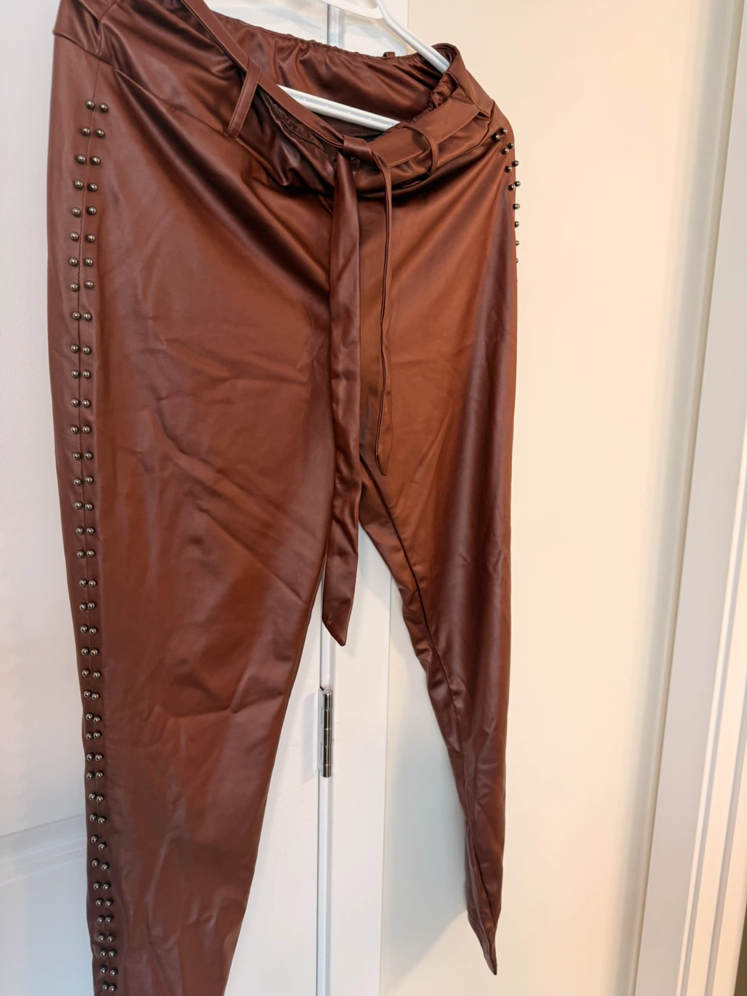 Brown Faux Leather Studded Pants