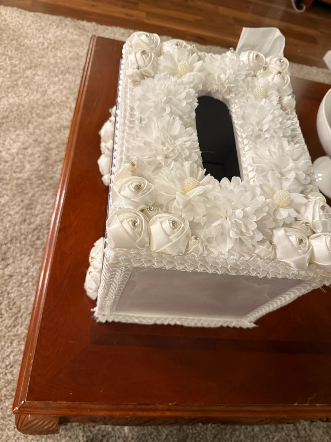 Decorative white floral tissue cash box - wedding