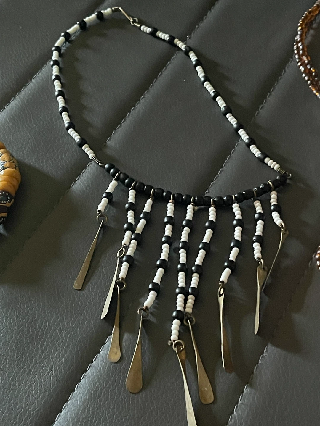 Black and white beaded fringe necklace